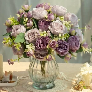 Artificial Peonies Silk Flowers in Glass Vase Faux Flowers Bouquets Modern Penoy - Picture 1 of 14
