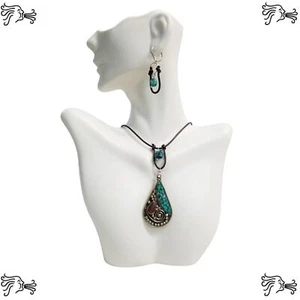 Tibetan Turquoise Coral Choker Necklace & Earrings Brown Leather Teardrop Shape - Picture 1 of 4