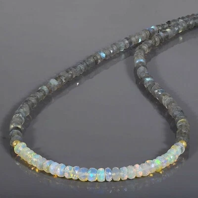 A Mano 925 Argento 18 " Catena Naturale Fuoco Opale & Labradorite Perline - Immagine 1 di 2