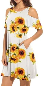 Women's Short Sleeve Cold Shoulder Tunic Loose Dress with Pockets Sunflower (SM) - Picture 1 of 5