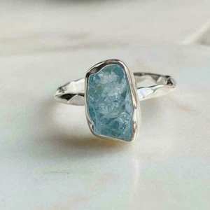 Anillo de plata de ley 925 aguamarina natural piedras preciosas áspera joyería tamaño 6-10 - Imagen 1 de 3
