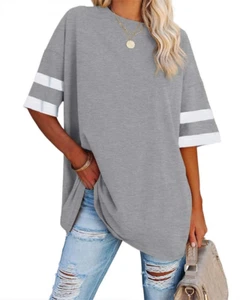 Womens Oversized Tees Loose T Shirts Half Sleeve Crew Neck Color Block Cotton Tu - Picture 1 of 2