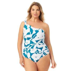 Anne Cole L145254 Teal Print Off the Shoulder Twist One Piece Swimsuit Size 18W - Picture 1 of 4