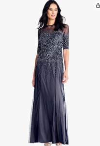 Adrianna Papell 3/4 Sleeve Beaded Illusion Gown Sweetheart Neckline (Navy, 10) - Picture 1 of 4