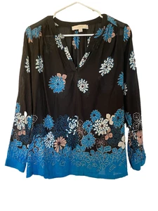 Blusa Campesina Loft Negra Turquesa Floral Semi Transparente Talla XSP Top Ligera - Imagen 1 de 8