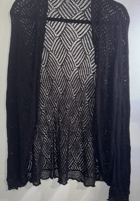 Cárdigan J. Jill Talla L Negro Mezcla de Lino Seda Negro Crochet Frente Abierto Volantes Foto 1 de 4