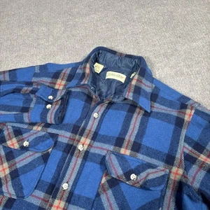 Vintage 80s St Johns Bay Flannel Shirt Mens M Blue Plaid 100% Wool Pockets - Picture 1 of 9