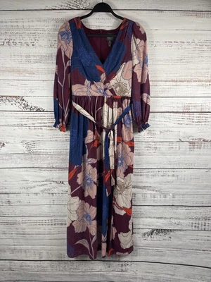 Adrianna Papell Maxi Dress Womens 2 Burgundy Floral Wrap V-Neck Belted Boho - Image 1 of 4