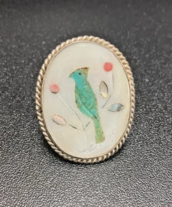 Vintage Zuni Sterlingsilber blauer Eichelhäher Vogel MOP Türkis Onyx Inlay Ring, Gr. 6 - Bild 1 von 7