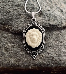 Lion Head Cameo Necklace, Cream Tan on Black Pendant, .925 Sterling Silver Chain - Picture 1 of 4