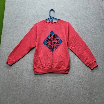 ВИНТАЖНЫЙ Hanes ее путь женщин толстовка S красный геометрический пэчворк вышивка Y2K - Изображение 1 из 4