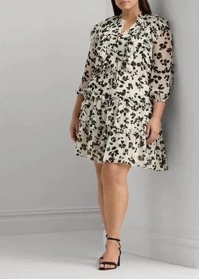 Vestido Ralph Lauren Para Mujer Estampado de Hojas Volantes Georgette Nuevo con Etiquetas $195 Talla 18 Foto 1 de 4