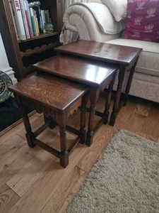 Beautiful Vintage Antique Tudor Style Olde Court Oak Nest of 3 Tables - Picture 1 of 13