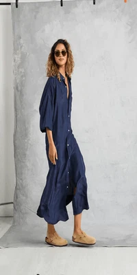 Maxi Camisa Vestido Mamene Azul Marino Lino Manga Larga Florencia Para Mujer Talla 3/XL-2X Foto 1 de 4