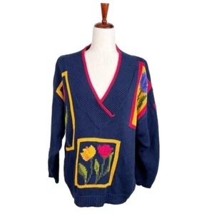 Mexx Europe Vintage Oversized Knit V-neck Sweater Navy Blue Tulip Flower Print - Picture 1 of 9