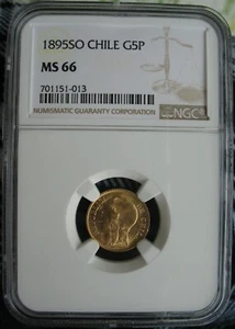 Chile 1895 SO Gold 5 Pesos NGC MS-66 - Picture 1 of 3