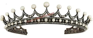 FINISH ANTIQUE ROSE CUT DIAMOND 7.10ct SILVER PEARL ENGAGEMENT PARTY TIARA CROWN - Picture 1 of 2