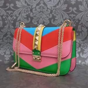 VALENTINO GARAVANI Rockstud Lamb Lock Rainbow Stripe Shoulder Bag #8 Rise-on - Picture 1 of 18