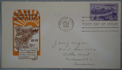 US 1950 FDC, Kansas City Missouri Centennial, Ioor, 3c Cover