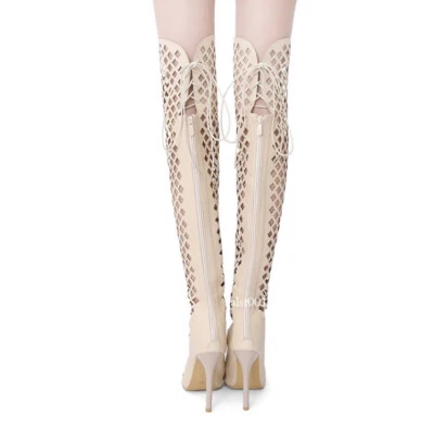 Женщин искусственной кожи шнурует вверх назад молнии высоких каблуках круглый носок над колена бедра ботинки - Изображение 1 из 4