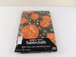 Vintage HALLOWEEN Jack-O-Lantern Pumpkin Vinyl Flannel 52"x70" OB Tablecloth NEW - Picture 1 of 6