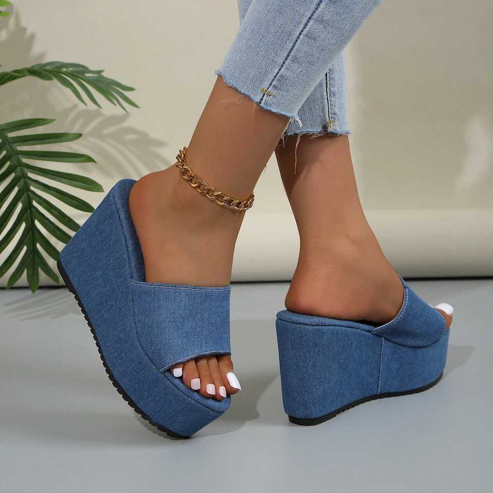 Mujeres Sandalias Verano Cómodas Plataforma Zapatillas Tacones Altos Cuña Denim Zapatos Beac Foto 1 de 4
