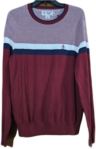 PENGUIN Sweater Mens Burgundy Stripe Knit Lightweight Size Large NEW - Picture 1 of 4