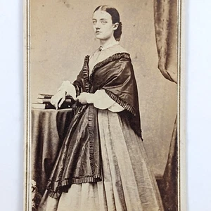 1860s CDV Photo Young Victorian Woman Dress Shawl Fashion Books Jordan New York - Picture 1 of 6
