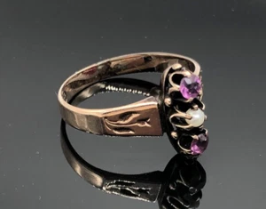 Victorian 14k Rose Gold Flowers Tulips Pearl Pink Stone Doublet Ring S 6 Antique - Picture 1 of 19