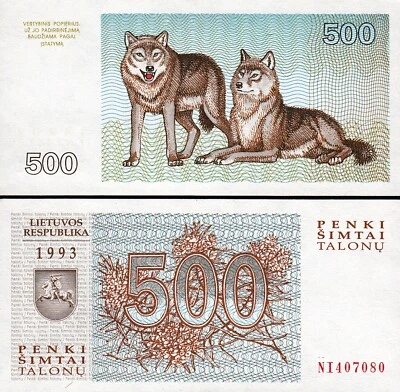 Lithuania 500 Talonu 1993, UNC, P-46, Two Wolves - Image 1 of 3