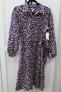 Nine West Midi Shirt dress belted long sleeve women's size L Navy w/ pattern NWT - Picture 1 of 16
