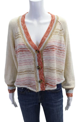 Cárdigan mujer exuberante beige cuello en V rayas botón manga larga talla S Foto 1 de 4