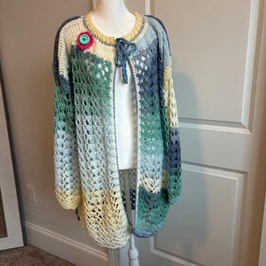 Handarbeit gehäkelt Longline Cardigan Pullover Grannycore Artsy schrullig blau - Bild 1 von 6