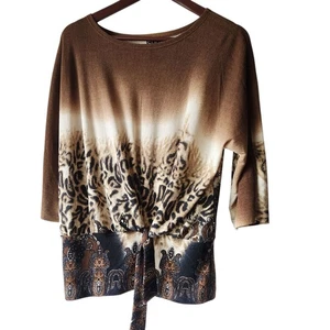 Clara Sun Woo Top Animal Print Stretchy Front Tie Brown 3/4 Sleeves XS Mobwife - Picture 1 of 8