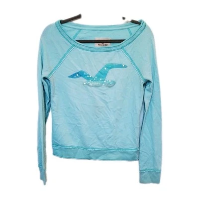 Suéter Cuello Redondo Vintage Y2K Hollister Pequeño Azul Polvo Ligero Lentejuelas Logo Foto 1 de 4