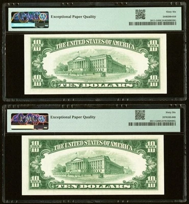 2011-G $10 1950A Federal Reserve Notes. PMG Gem Uncirculated 66 EPQ (2). - Image 1 of 2