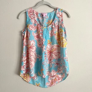 Lilly Pulitzer Womens Silk Dahlia Tank Top Breakwater Blue Size Medium Floral - Picture 1 of 7