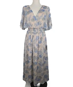 Lulus Subtle Romance Beige Floral Print Ruffled Midi Dress Size L NWT - Picture 1 of 9