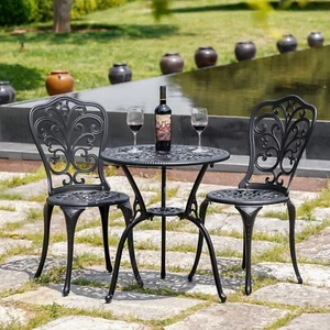 Black Patio Set Cast Aluminum Bistro Table and Chair Set of 2 for Garden - Picture 1 of 9