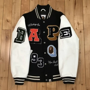 BAPE LOGO leather sleeve varsity jacket A Bathing Ape Size L - Picture 1 of 10