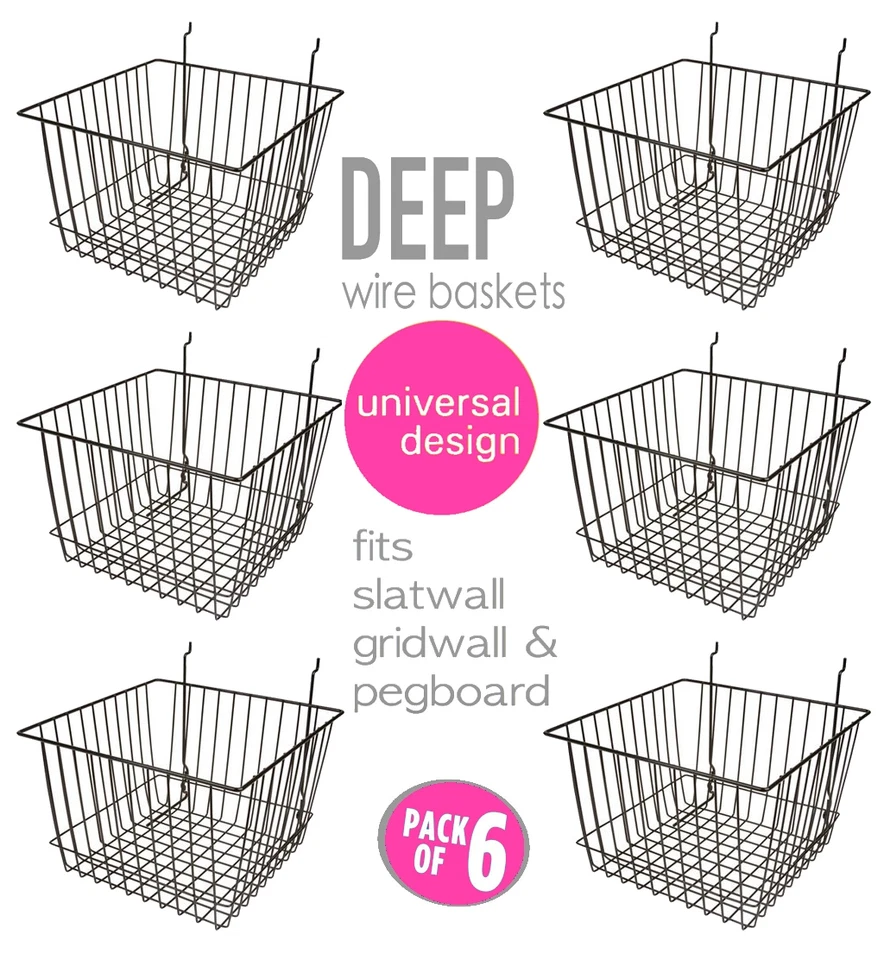 Only Hangers Deep Wire Baskets For Gridwall, Slatwall and Pegboard- Black 6pk