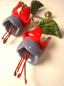 Artisan Enamel Porcelain Fushia Flower Drop Dangle Screw Back Earrings 2" - Picture 1 of 7