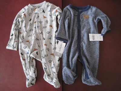 Лот из 2 Carter's Baby Boy SLEEP N PLAY синие полосы и серый динозавр sz NB новый с Ярлыками - Изображение 1 из 4