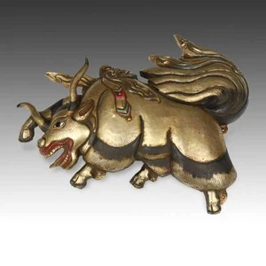 ANTIQUE PLAQUE (RIGHT) YAK REPOUSSE GILDED COPPER WITH PAINT NEPAL LATE 19TH C. - Picture 1 of 8