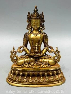 Estatua de diosa de longevidad Amitayus budismo dorado bronce púrpura chino de 6,4" Foto 1 de 4