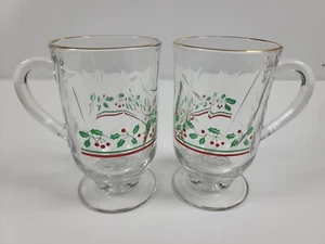 Arbys Footed Coffee Mugs ~ Holly Berry Stripe with Gold Rim ~ Set of 2 - Picture 1 of 9