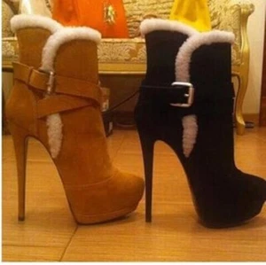 Winter Women's Fur Trim Ankle Boots Stiletto High Heels Buckle Strap Party Shoes - Picture 1 of 5