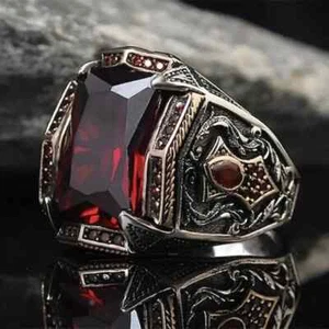Turkish Style Signet Ring For Men Women Red Yellow Zircon Inlay Carved Look - Picture 1 of 7