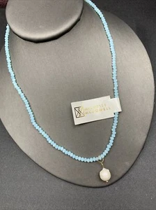 Signed Necklace Boho freshwater pearl Pendant Blue Crystal 16” - Picture 1 of 8