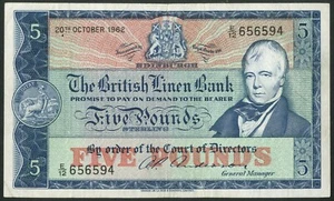 Scozia, British Linen Bank, 5 sterline, 20 ottobre 1962, ottime condizioni - Foto 1 di 2
